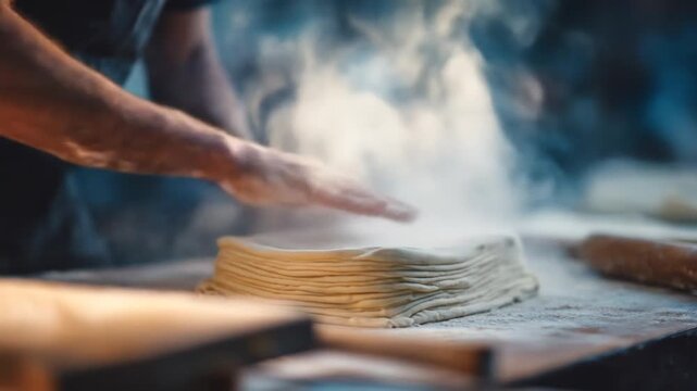 A baker gently presses down on a stack of dough, with steam rising up. Focus on the hands