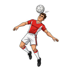 Soccer player heading a ball in mid-air, wearing red jersey and white shorts, isolated on transparent background