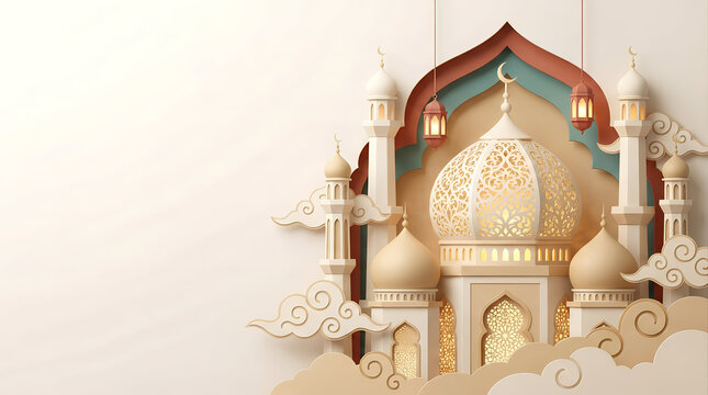 3D paper cut style mosque with clouds and lanterns in pastel colors, Islamic celebration and Ramadan background