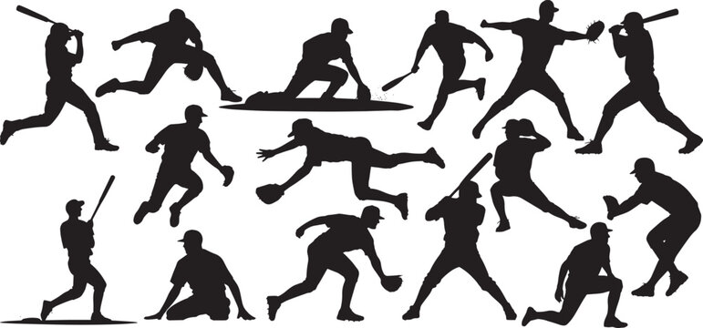 silhouettes of baseball players engaged in various actions.&nbsp; include batters swinging, pitchers throwing, and fielders diving or catching.&nbsp;vector