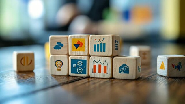 Building blocks with icons for business growth and analysis on a wooden table in an office setting