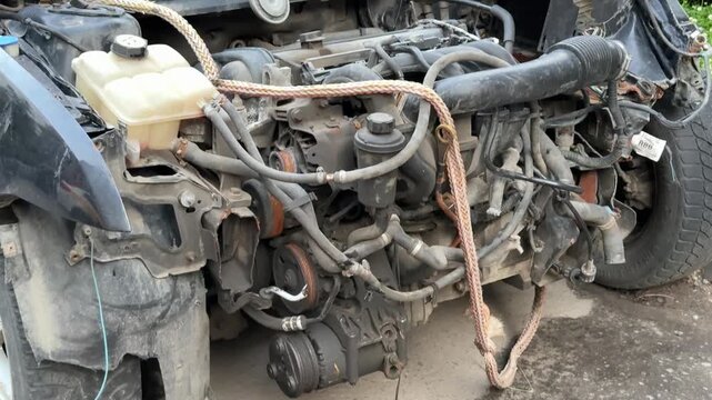 Disassembled car engine, a removed bumper after an accident, shows exposed engine parts and various internal mechanical parts awaiting repair and diagnosis. The front view of the car is disassembled.