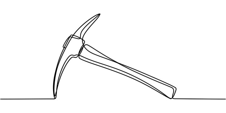 Continuous one line drawing of a pickaxe tool for mining and construction work on white background.