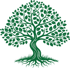 A stylized green tree with sprawling roots and leafy canopy