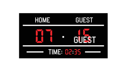 Electronic scoreboard with game scores and time displayed on black background
