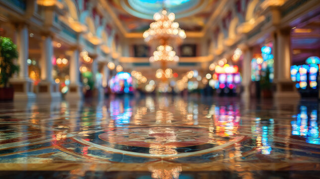 Luxury casino hall, blurred bokeh background, Las Vegas, poker room, gambling house, slot machines, defocused backdrop, lights