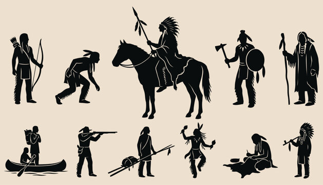 Native American Culture and Traditional Life Silhouettes Set