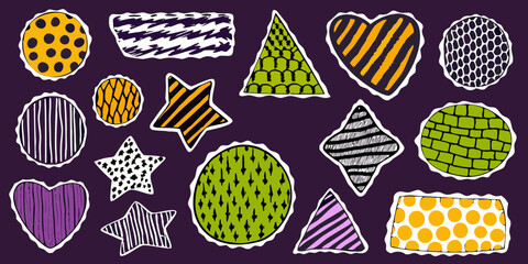 Colorful geometric shapes with varied patterns on a purple background