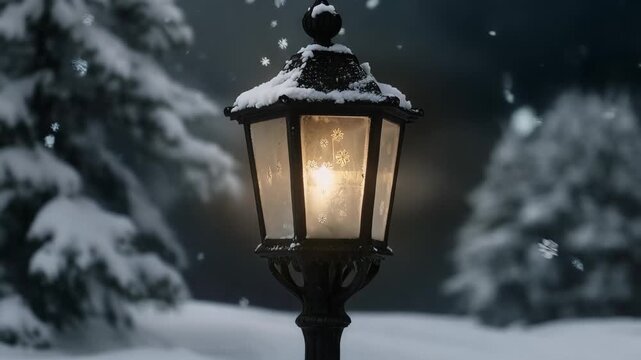 Snow falls gently on a street lamp while pine trees stand in the background during a winter night