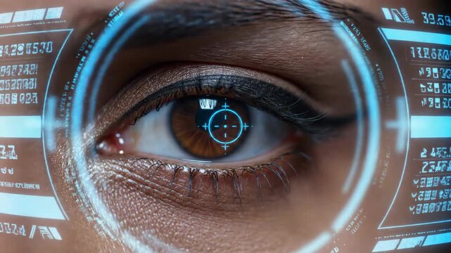 Human eye with futuristic digital data and blue light interface