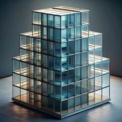 Modern Glass Office Building with Transparent Facade and Geometric Architecture 3D Render on Gradient Background
