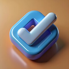 Blue Check Mark Icon with White Tick Symbol in Glossy Rounded Square Button 3D Render on Warm Gradient Background
