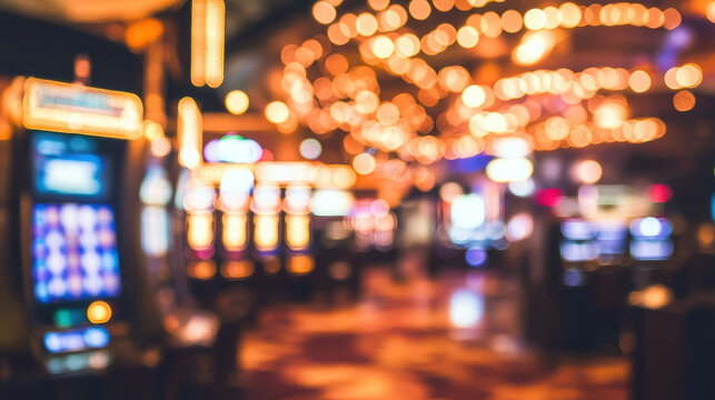 Luxury casino hall, blurred bokeh background, Las Vegas, poker room, gambling house, slot machines, defocused backdrop, lights