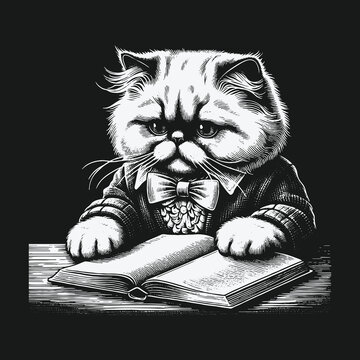 A scholarly cat engrossed in a book a study in concentration.