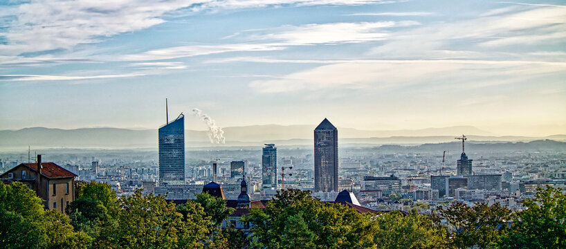 Scenic view on the city of Lyon, France in the morning light with the alps mountains in the background.