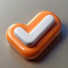 Orange Check Mark Icon with White Tick Symbol in Rounded Glossy Button Style 3D Render on Neutral Background
