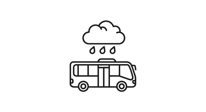 Bus illustration with rain cloud above isolated on white background