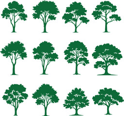 Collection of diverse green trees on white background