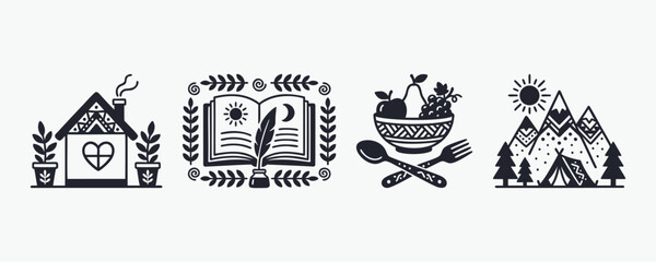 Folk Style Glyphs Set: Home, Knowledge, Food, and Nature © thetwelvesense