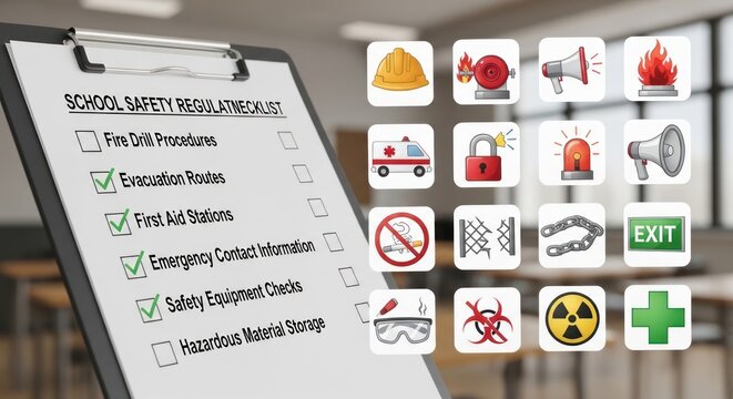 School Safety Checklist Clipboard with Icons - Emergency Preparedness