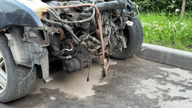 Disassembled car engine, a removed bumper after an accident, shows exposed engine parts and various internal mechanical parts awaiting repair and diagnosis. The front view of the car is disassembled.