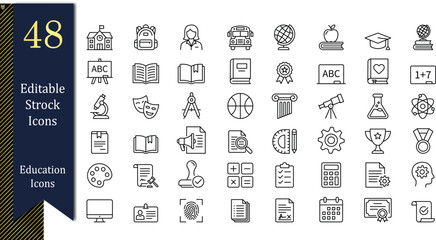 Editable stroke education icon set for school and learning, Academic and school activity line icon set © Narayan