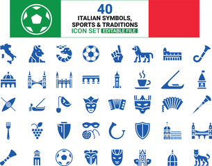 Italian symbols sports and traditions represented through a collection of blue icons © G. Rabbani