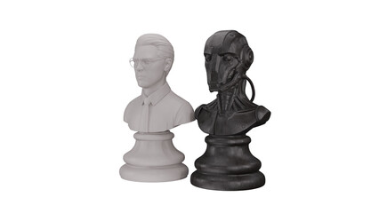 Executive and robot pawns on a chessboard. 3D rendering