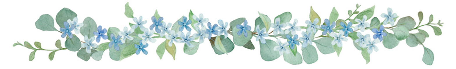 Watercolor Eucalyptus and Tweedia Blue Star Border Line: Elegant Floral Divider for Wedding and Baby Shower Design-300dpi-