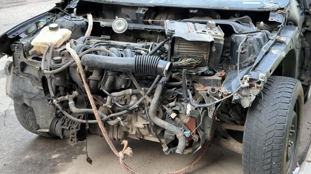 The car was seriously damaged as a result of a recent collision and a traffic accident. Close-up of car engine shows a extensive damage to the front as a result of a serious accident.