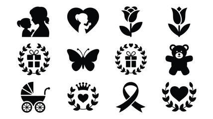 Fototapeta premium Mother's day floral silhouette logo bundle with hearts gifts and teddy bear icons for greeting cards and advertising