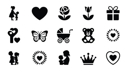 Mother's day black silhouette logo bundle with hearts flowers gifts and baby icons on white background for greeting cards and advertising