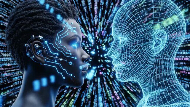 Humanoid cyborg face and wireframe AI against digital background