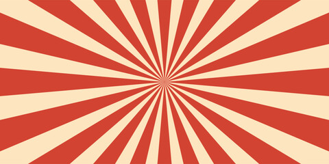 Retro red background with vintage circus sunburst. Psychedelic colorful swirl poster, abstract pattern in 70s carnival style. Hypnotic sunburst vector illustration. © Mansur