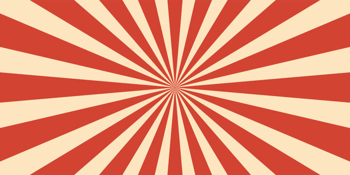 Retro red background with vintage circus sunburst. Psychedelic colorful swirl poster, abstract pattern in 70s carnival style. Hypnotic sunburst vector illustration.