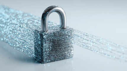 Data security system with digital lock and encrypted data streams on white background