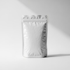 Standing white resealable pouch with zipper closure against plain background