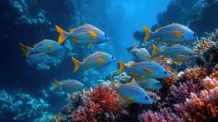 Aquatic Ballet: A vibrant school of fish glides gracefully through a colorful coral reef, creating a mesmerizing underwater spectacle of life and movement.