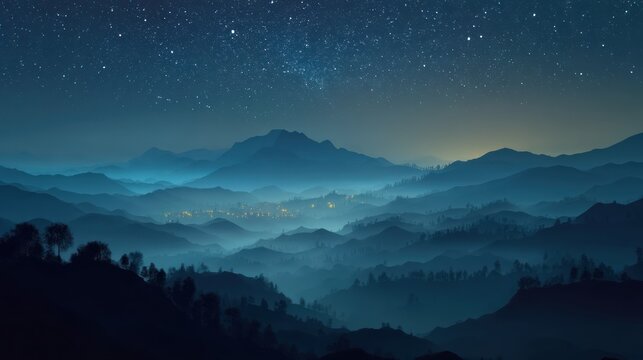 A serene night sky with stars above a mountain range, illuminated by a city lights below, creating a peaceful and tranquil atmosphere.