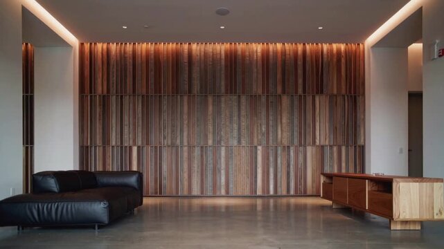 Contemporary Lounge Area with Black Leather Sofa and Wooden Wall Feature reception lobby