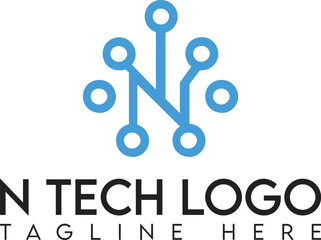abstract n letter technology logo with connected circuit nodes modern digital tech branding identity concept