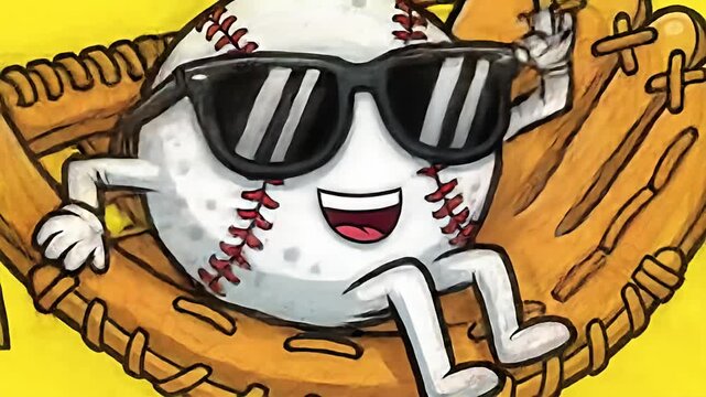 Cool Baseball Cartoon Character Relaxing in Glove Illustration.