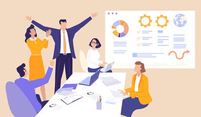 A powerful business team of leaders celebrating victory, success, authority, ambition, teamwork, confidence, and strong leadership driving corporate achievement and growth.