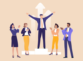 A powerful business team of leaders celebrating victory, success, authority, ambition, teamwork, confidence, and strong leadership driving corporate achievement and growth.