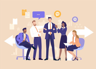 Business Synergy Team. Group portrait of a successful team surrounded by gears, charts, arrows, and speech bubbles, symbolizing collaboration, strategy, communication, and continuous business growth.