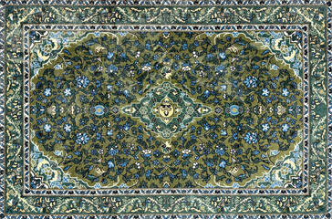 Close up of classic middle eastern Persian rug texture. Engraving and floral ornamental swirls...