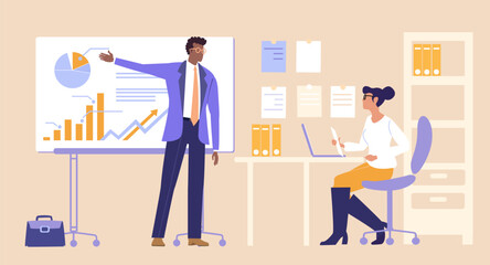 A professional businessman standing beside a presentation screen and speaking, representing a business report, knowledge sharing, and professional communication in a corporate environment.