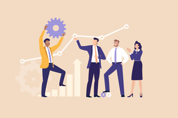 A businessman lifting a gear symbolizing startup success, innovation, engineering mindset, strategic planning, and the mechanics behind business growth and productivity in a competitive market.