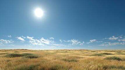 Fototapeta premium Sun-Kissed Plains: A vast expanse of sun-drenched plains stretches towards the horizon, beneath a clear blue sky, evoking a sense of endless freedom and the warmth of a bright day.