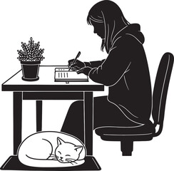 Woman sitting at desk with cat writing in notebook © GraphicGrove